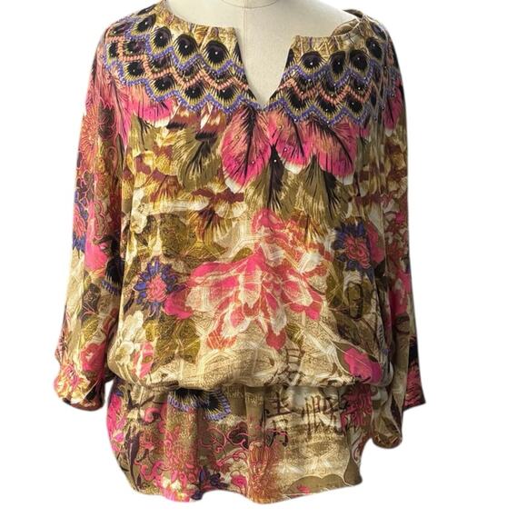 Chico's Boho Feather Print NEW Blouson beaded tunic blouse size 1/MEDIUM - Picture 13 of 13
